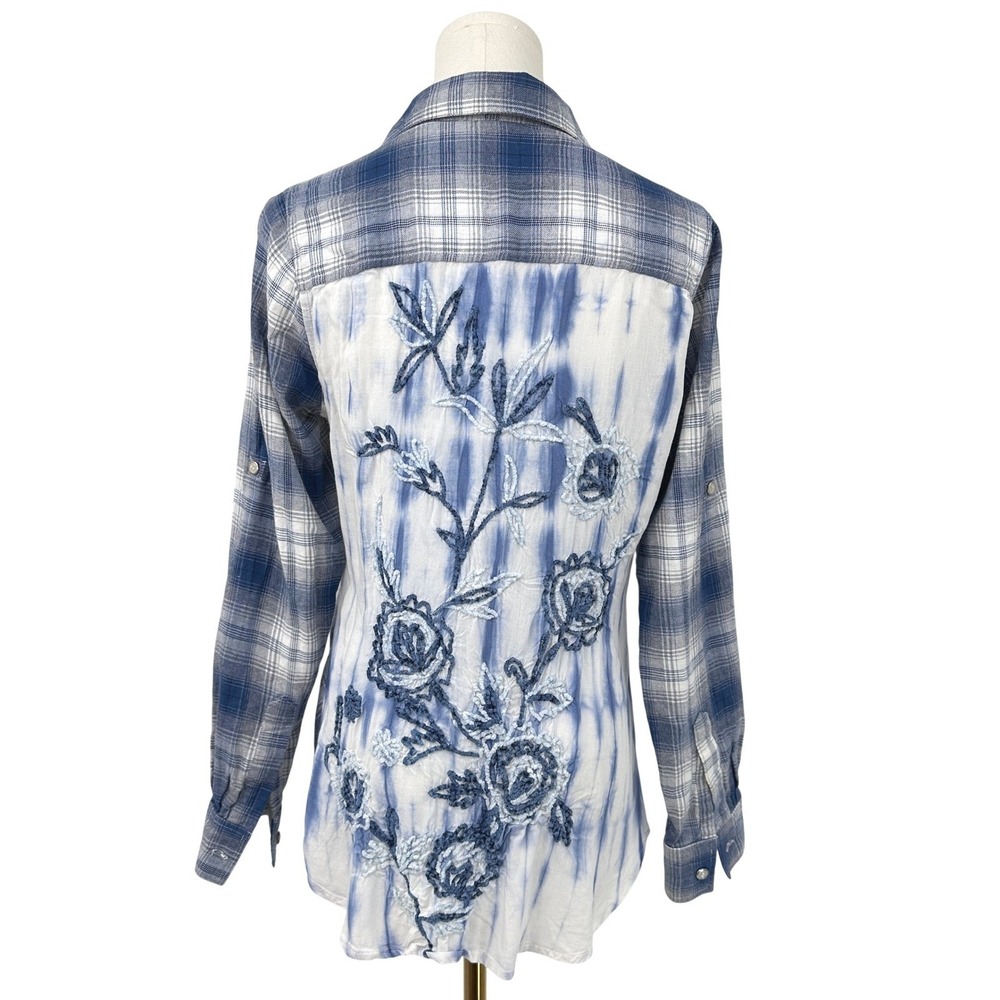 Raga Plaid Embroidered‎ Button Down Shirt Small Tie Dye Floral Cottage Boho